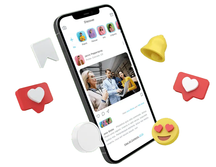 Image d'un smartphone affichant une interface de réseau social, entouré d'icônes 3D représentant des interactions telles que les likes, les commentaires, et les notifications.