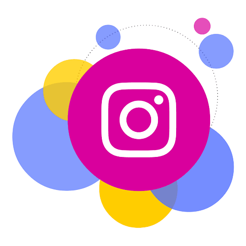 Icône stylisée d'Instagram avec un arrière-plan de cercles colorés en rose, bleu et jaune