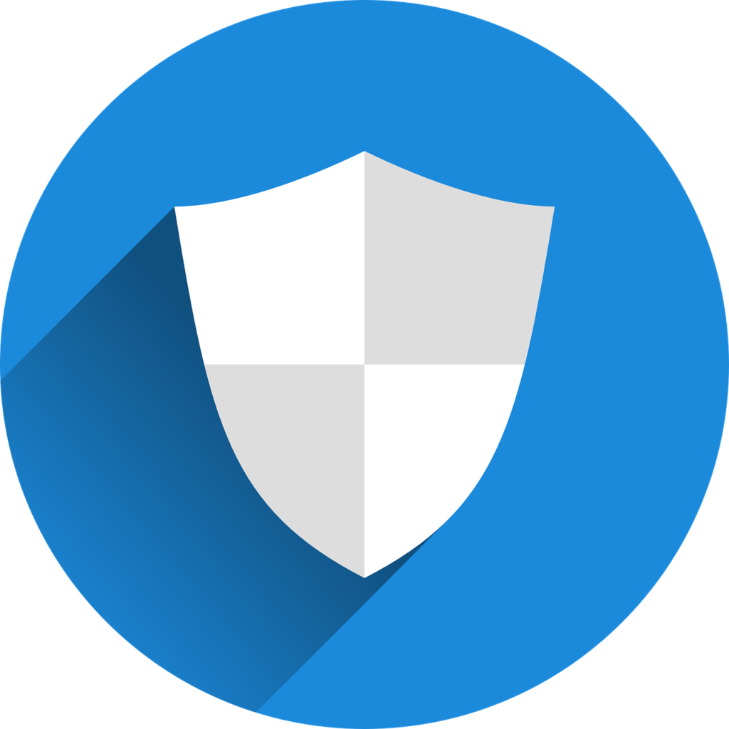Illustration d'un bouclier blanc sur un fond circulaire bleu, symbolisant la sécurité et la protection.